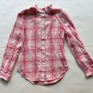 Pink Plaid Ruffle Neck Blouse